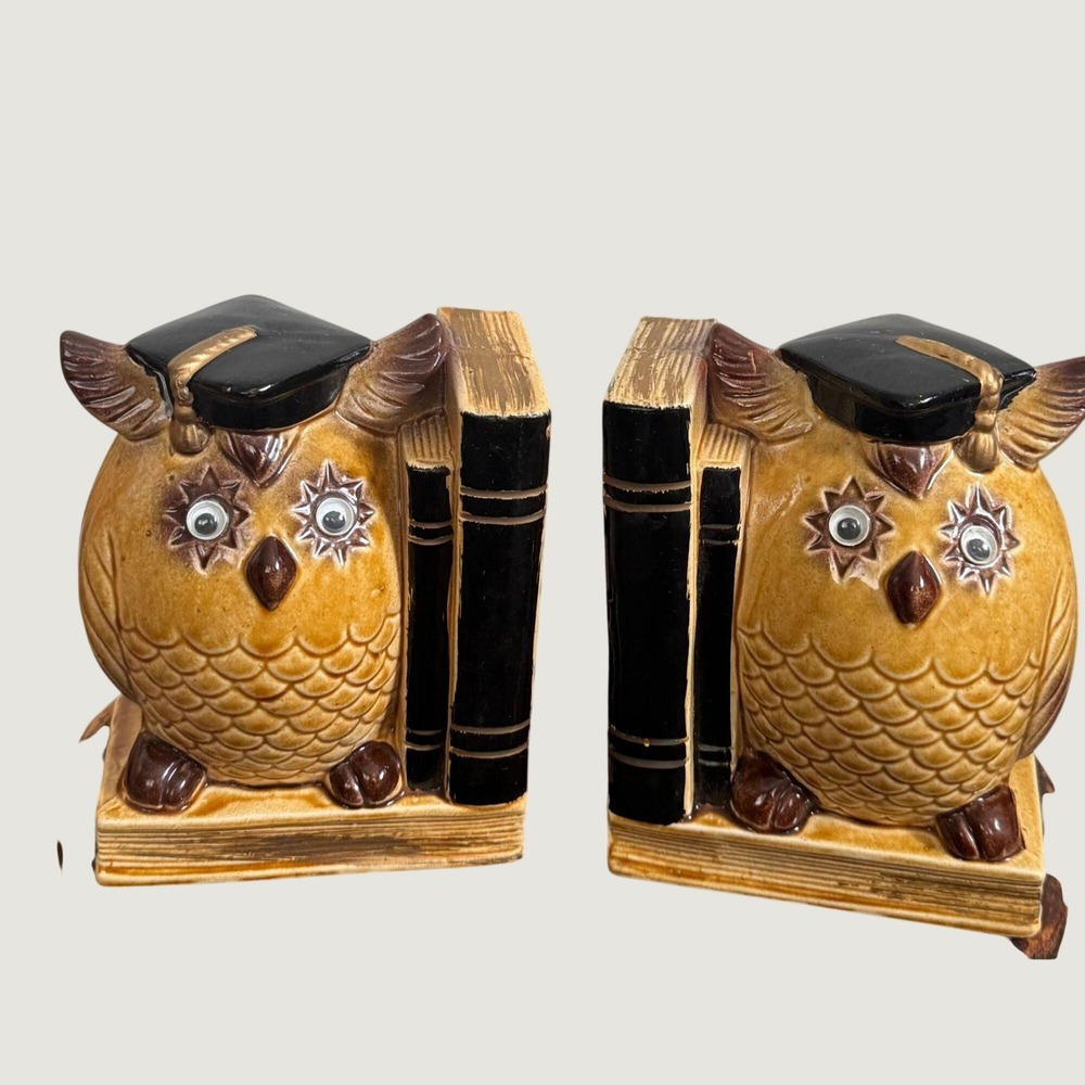 Pair of Kitschy Wise Old Owl Bookends Graduation Graduate Googly Eyed Owls